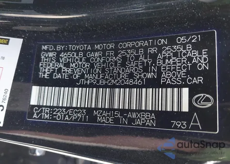 2021 Lexus Ux 250H из США, поврежденный, VIN JTHP9JBH2M2048461